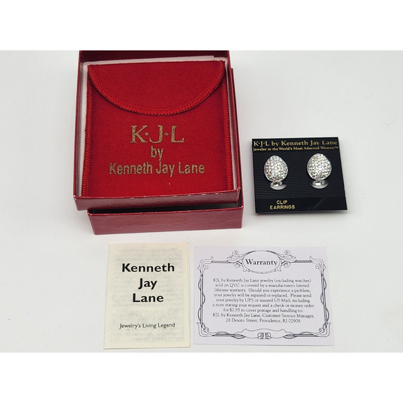 VINTAGE KENNETH JAY LANE COUTURE Silver Tone CRYSTAL CLIP on EARRINGS - Picture 1 of 7